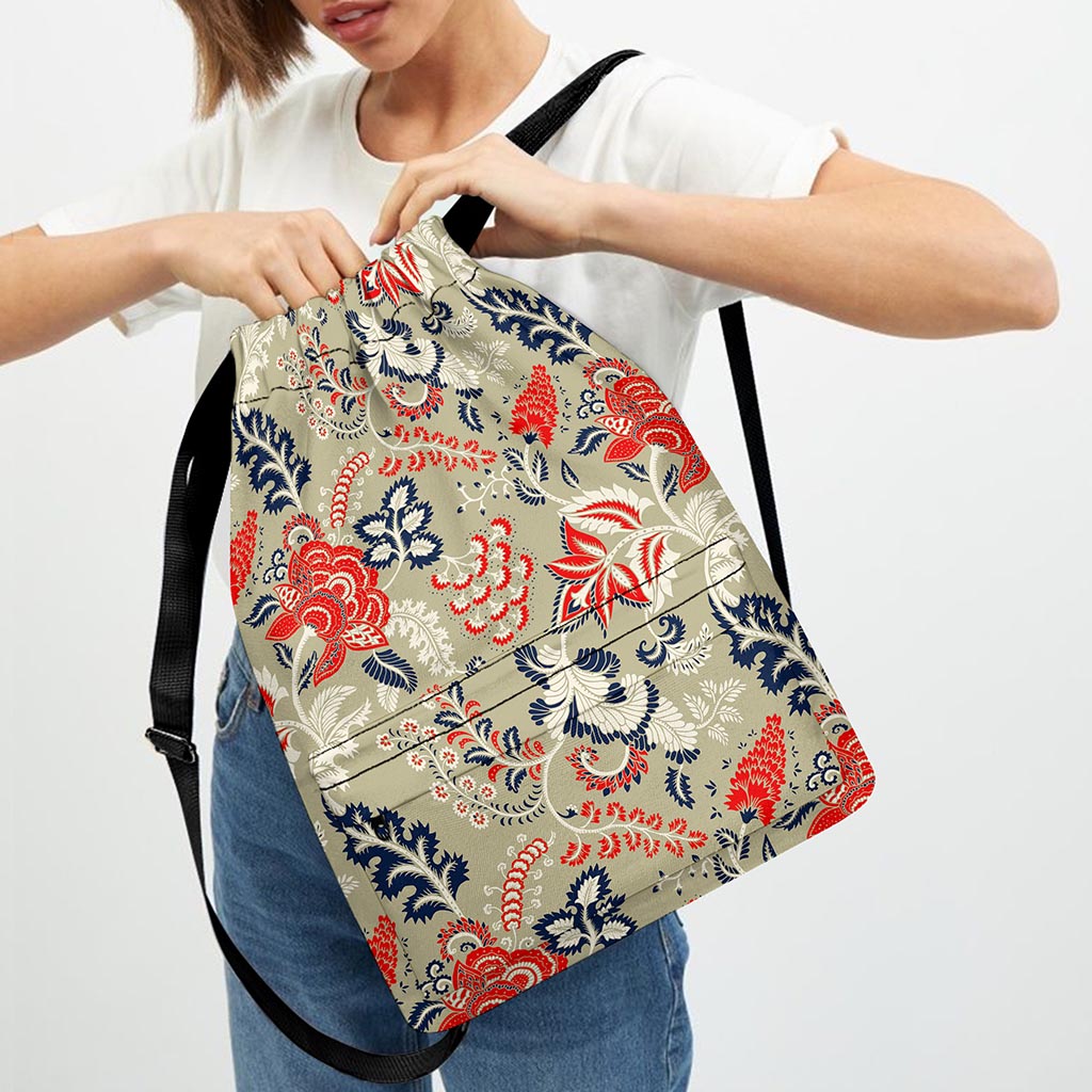 Beige Bohemian Floral Pattern Print Drawstring Backpack