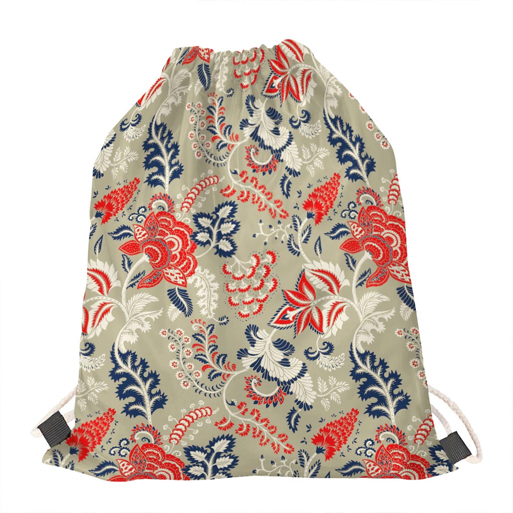 Beige Bohemian Floral Pattern Print Drawstring Bag