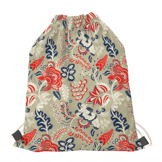 Beige Bohemian Floral Pattern Print Drawstring Bag