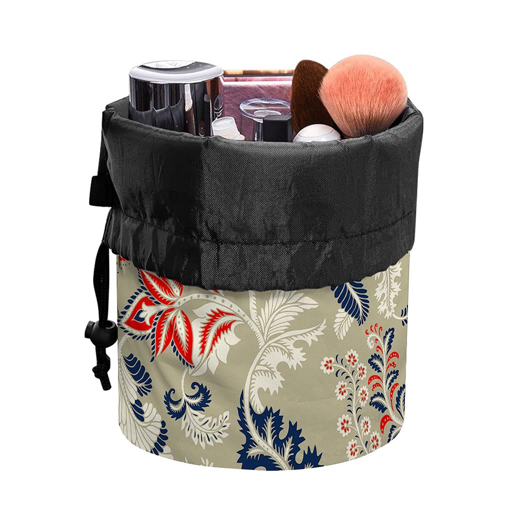 Beige Bohemian Floral Pattern Print Drawstring Makeup Bag