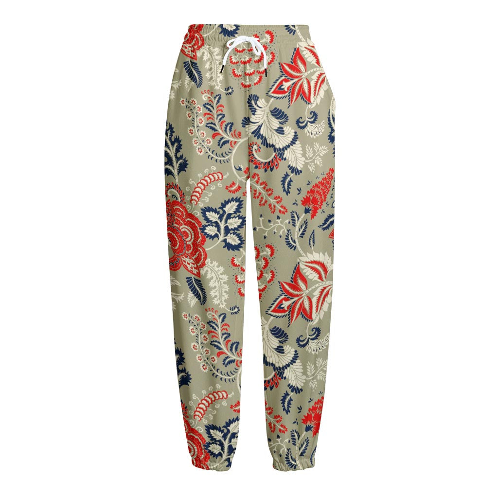 Beige Bohemian Floral Pattern Print Fleece Lined Knit Pants