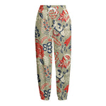 Beige Bohemian Floral Pattern Print Fleece Lined Knit Pants