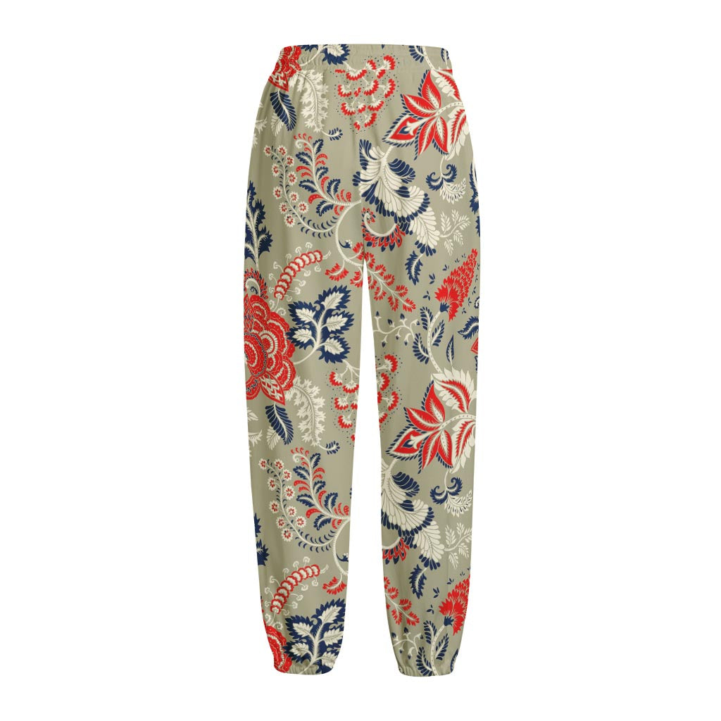 Beige Bohemian Floral Pattern Print Fleece Lined Knit Pants