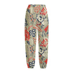 Beige Bohemian Floral Pattern Print Fleece Lined Knit Pants