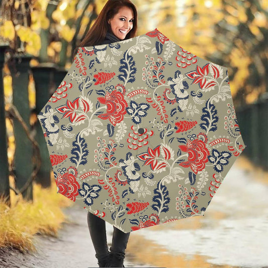 Beige Bohemian Floral Pattern Print Foldable Umbrella