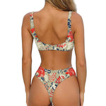 Beige Bohemian Floral Pattern Print Front Bow Tie Bikini