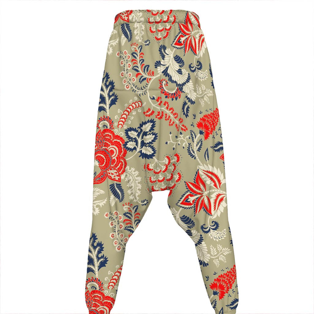 Beige Bohemian Floral Pattern Print Hammer Pants