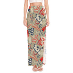 Beige Bohemian Floral Pattern Print High Slit Maxi Skirt
