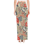Beige Bohemian Floral Pattern Print High Slit Maxi Skirt
