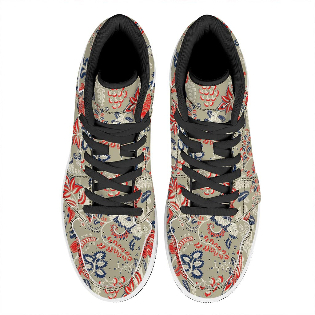 Beige Bohemian Floral Pattern Print High Top Leather Sneakers