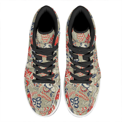 Beige Bohemian Floral Pattern Print High Top Leather Sneakers