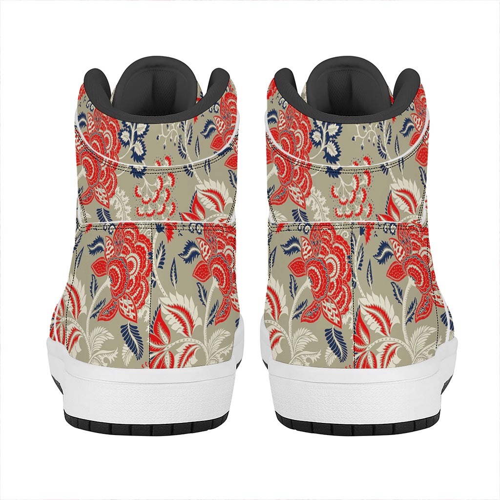 Beige Bohemian Floral Pattern Print High Top Leather Sneakers
