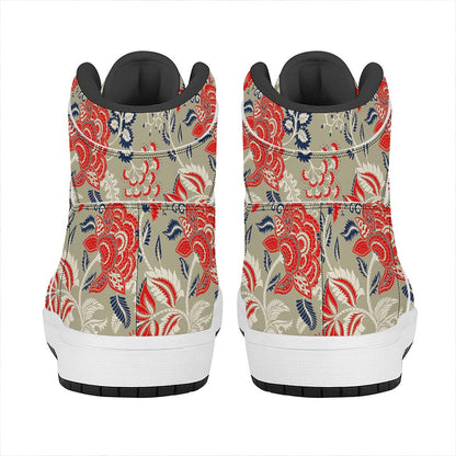 Beige Bohemian Floral Pattern Print High Top Leather Sneakers