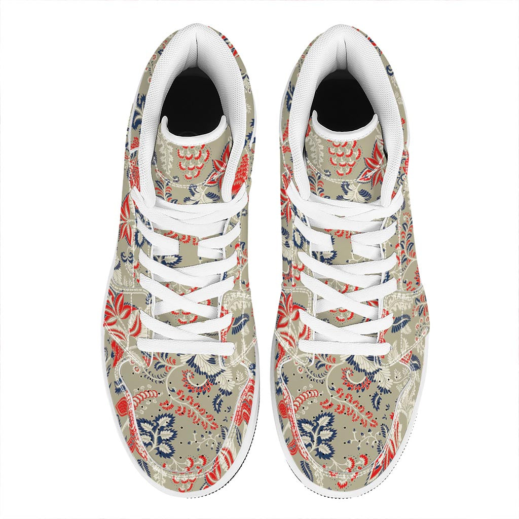 Beige Bohemian Floral Pattern Print High Top Leather Sneakers