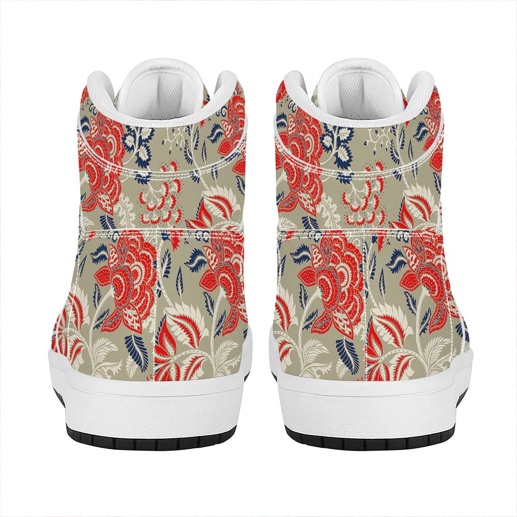 Beige Bohemian Floral Pattern Print High Top Leather Sneakers