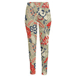 Beige Bohemian Floral Pattern Print High-Waisted Pocket Leggings
