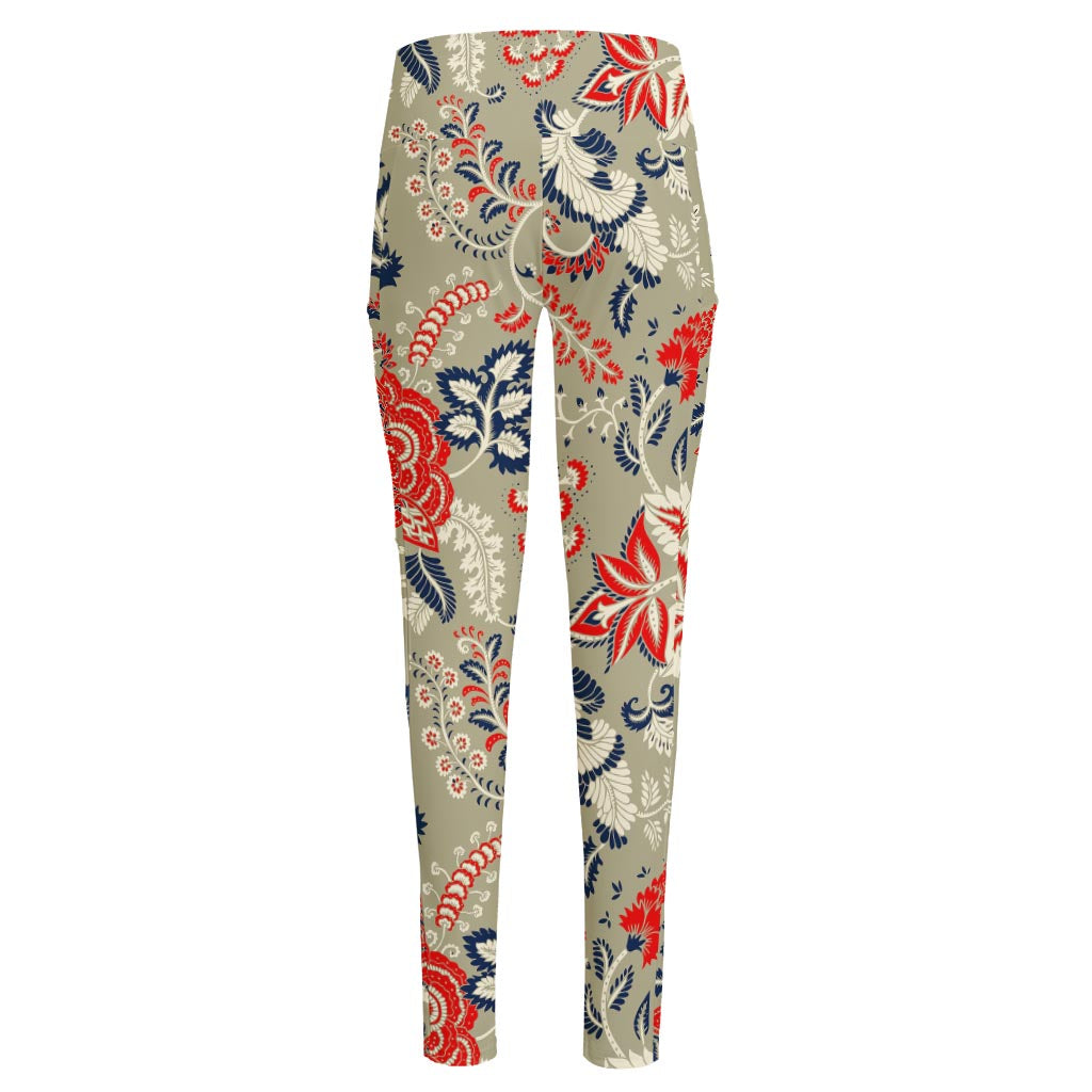 Beige Bohemian Floral Pattern Print High-Waisted Pocket Leggings