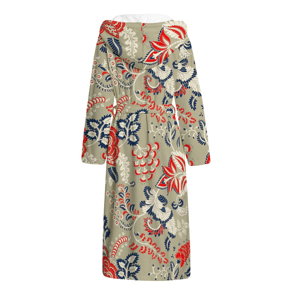 Beige Bohemian Floral Pattern Print Hooded Bathrobe