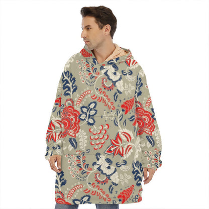 Beige Bohemian Floral Pattern Print Hoodie Blanket