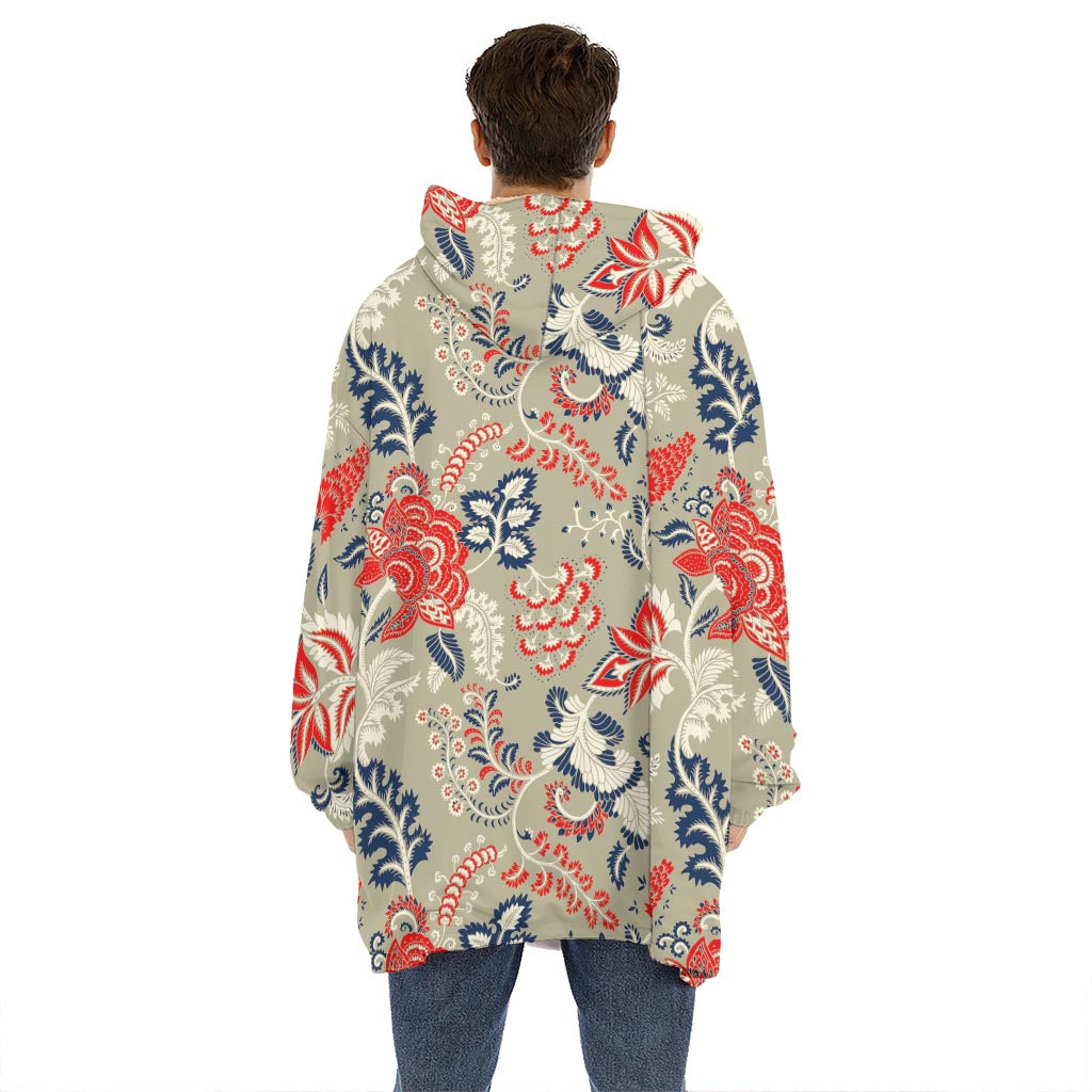 Beige Bohemian Floral Pattern Print Hoodie Blanket