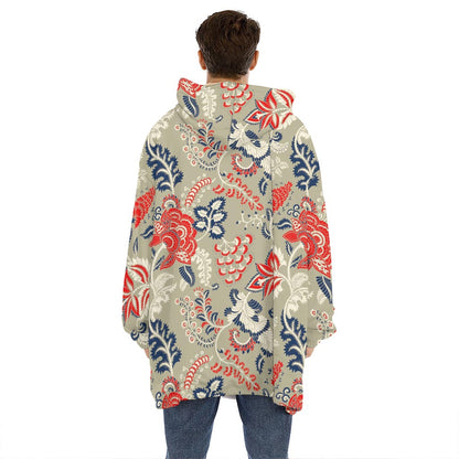 Beige Bohemian Floral Pattern Print Hoodie Blanket