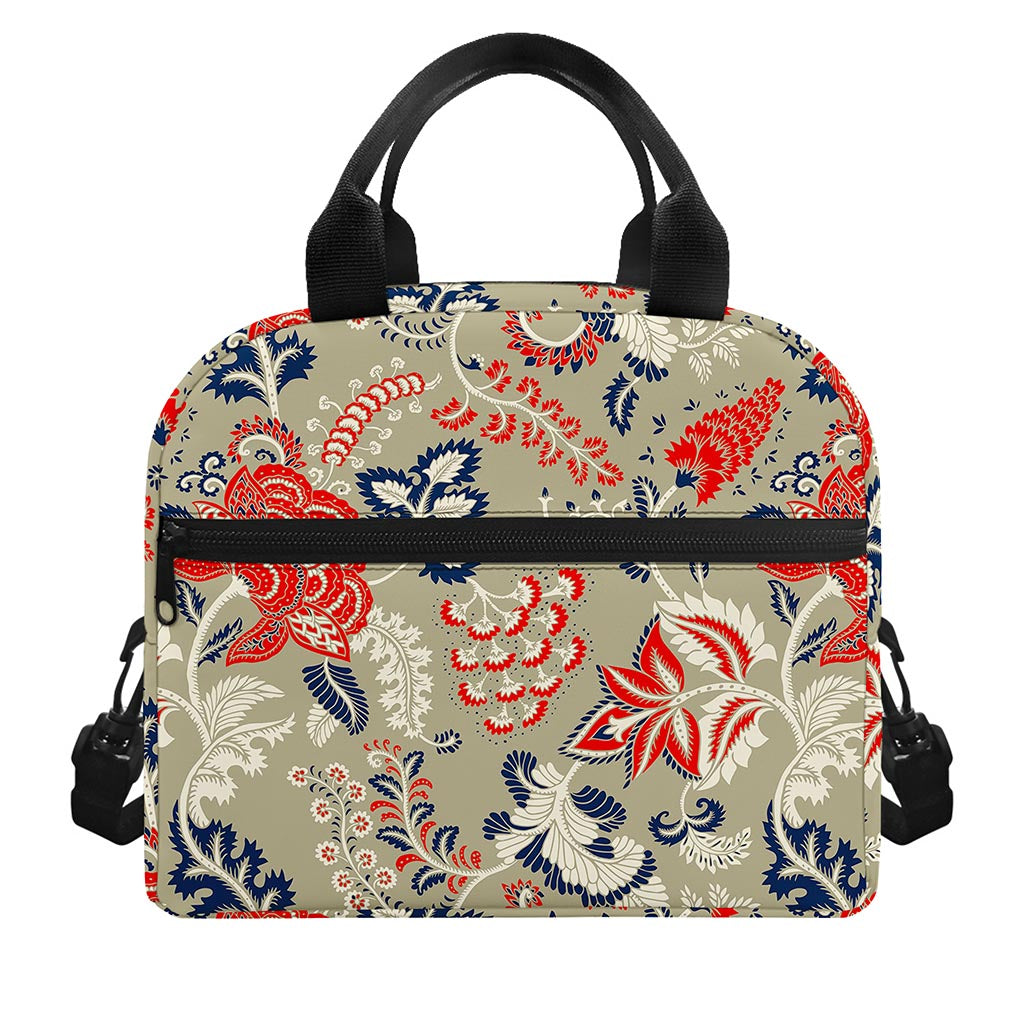 Beige Bohemian Floral Pattern Print Insulated Lunch Bag