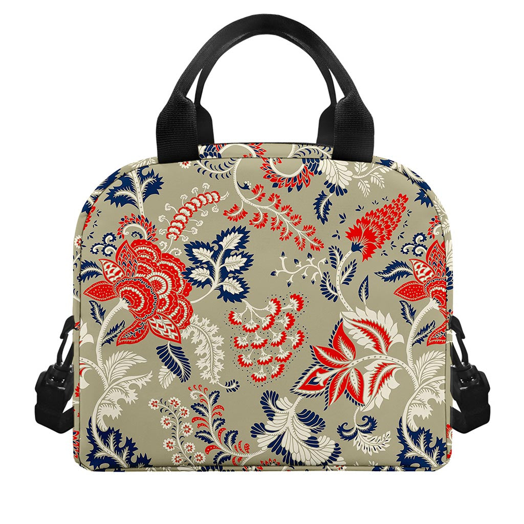 Beige Bohemian Floral Pattern Print Insulated Lunch Bag