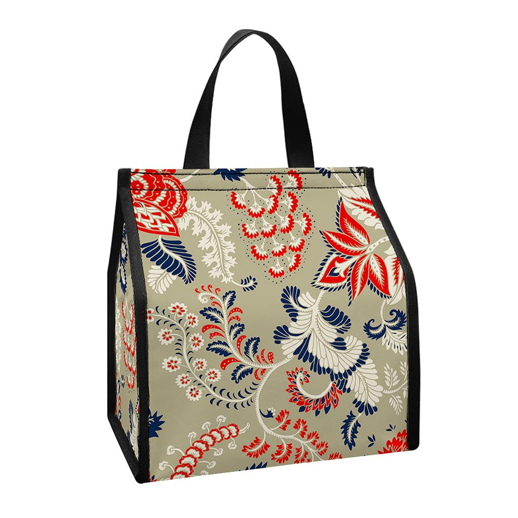 Beige Bohemian Floral Pattern Print Insulated Lunch Tote