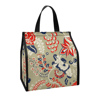 Beige Bohemian Floral Pattern Print Insulated Lunch Tote