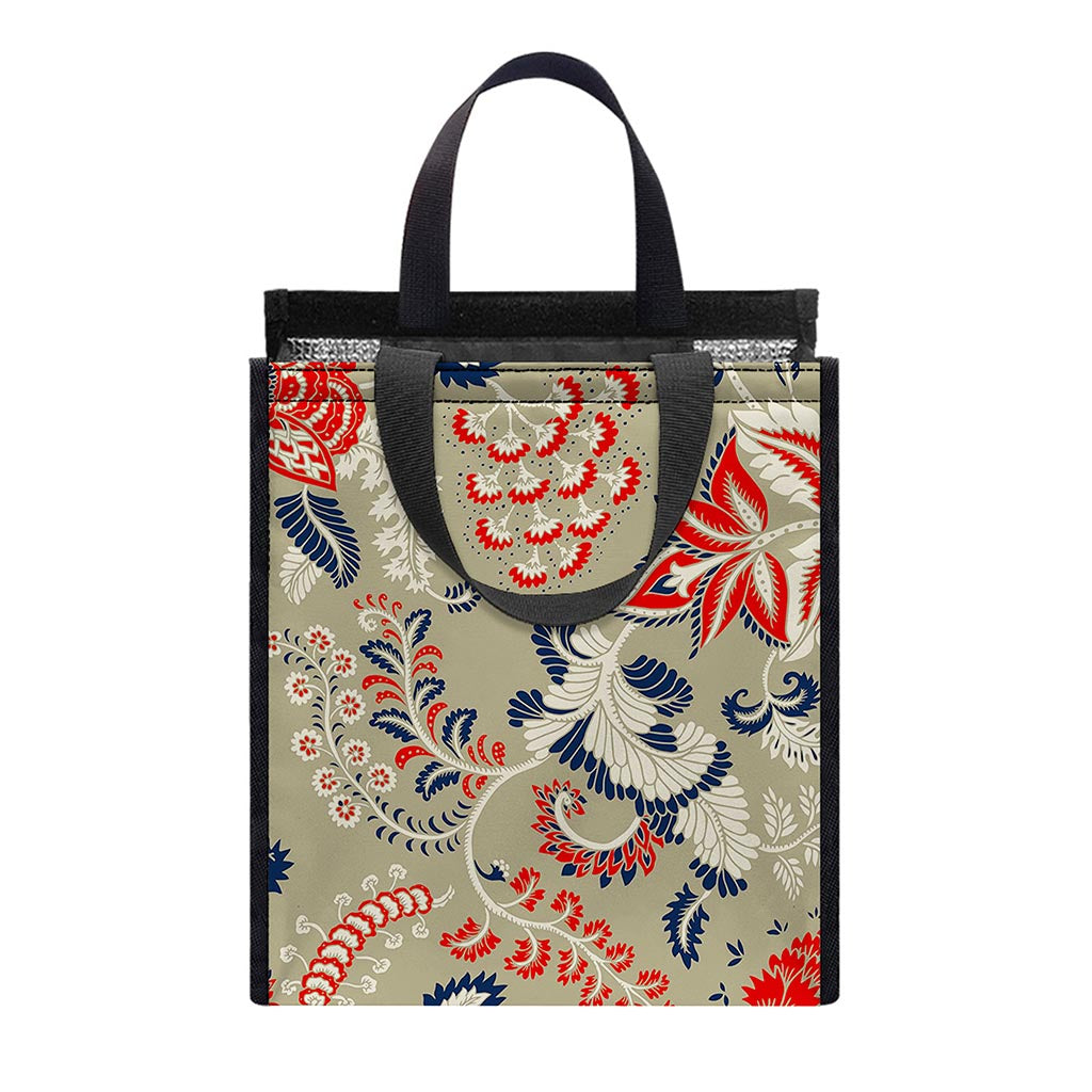 Beige Bohemian Floral Pattern Print Insulated Lunch Tote