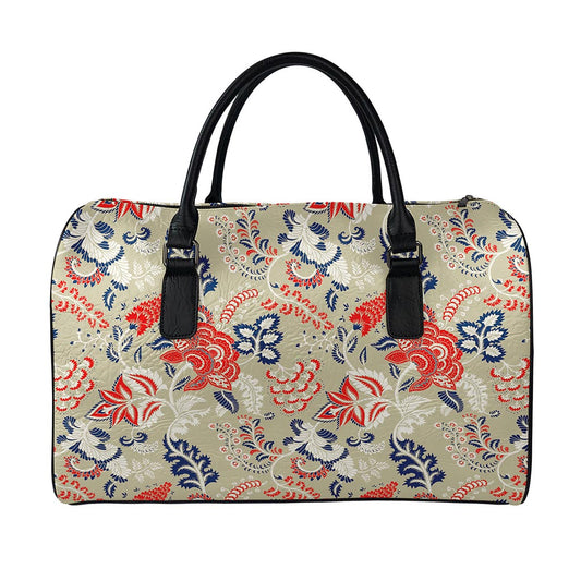 Beige Bohemian Floral Pattern Print Leather Duffle Bag