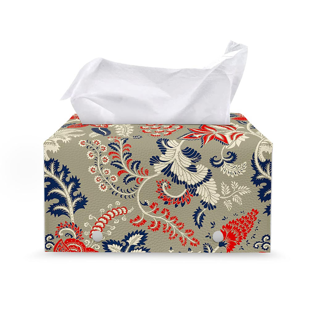 Beige Bohemian Floral Pattern Print Leather Tissue Box Cover