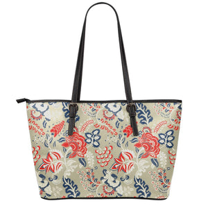 Beige Bohemian Floral Pattern Print Leather Tote Bag