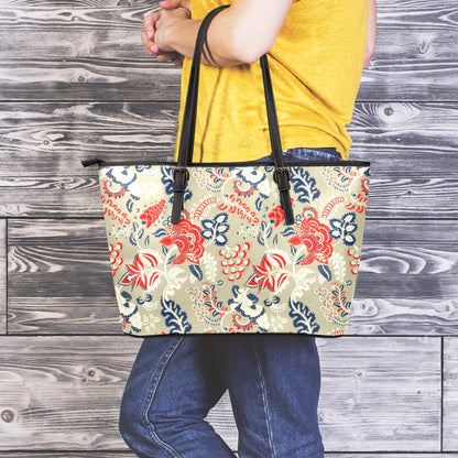 Beige Bohemian Floral Pattern Print Leather Tote Bag