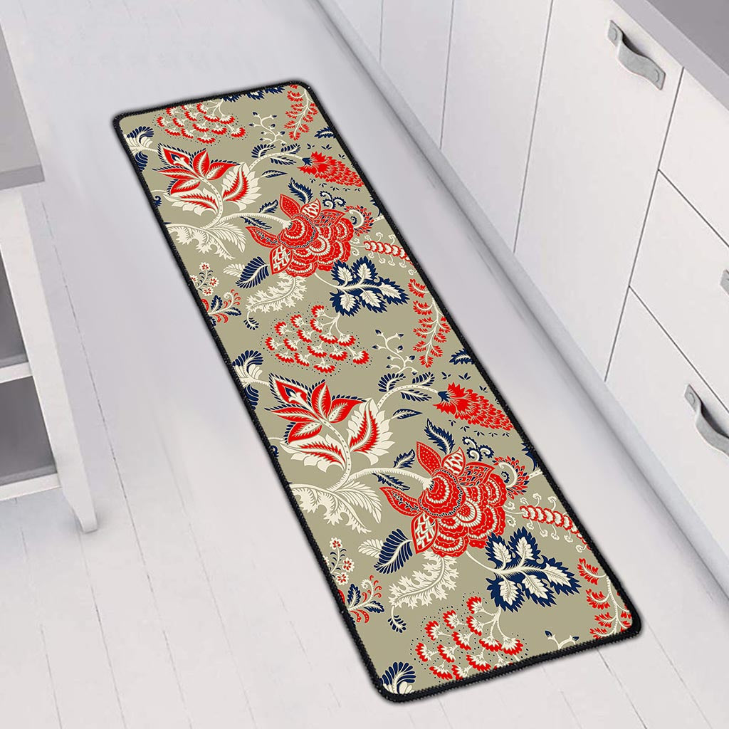 Beige Bohemian Floral Pattern Print Long Kitchen Mat