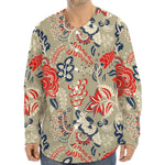 Beige Bohemian Floral Pattern Print Long Sleeve Baseball Jersey