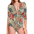 Beige Bohemian Floral Pattern Print Long Sleeve Swimsuit