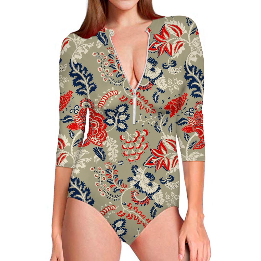 Beige Bohemian Floral Pattern Print Long Sleeve Swimsuit