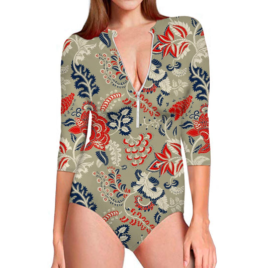 Beige Bohemian Floral Pattern Print Long Sleeve Swimsuit