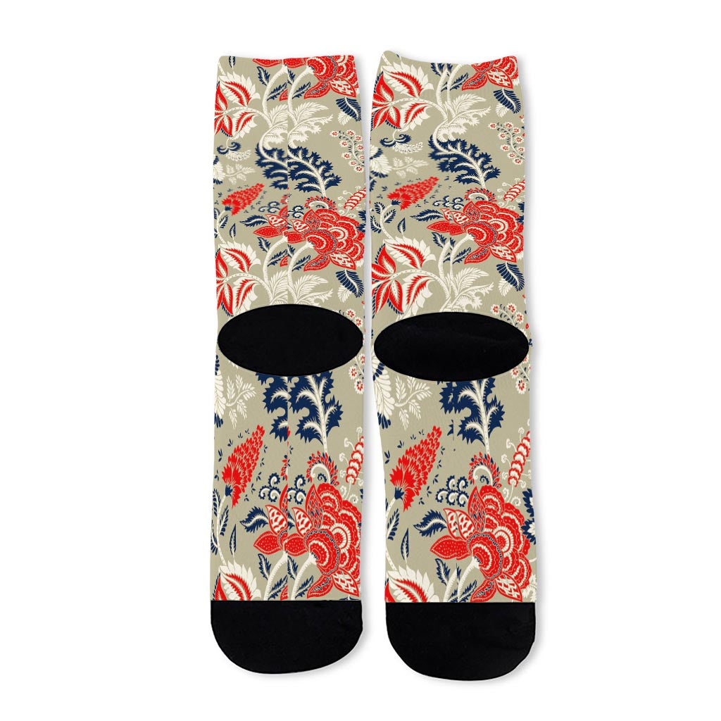 Beige Bohemian Floral Pattern Print Long Socks