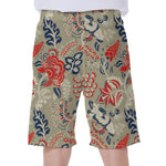 Beige Bohemian Floral Pattern Print Men's Beach Shorts