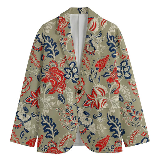 Beige Bohemian Floral Pattern Print Men's Blazer