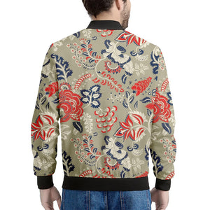 Beige Bohemian Floral Pattern Print Men's Bomber Jacket