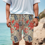 Beige Bohemian Floral Pattern Print Men's Cargo Shorts