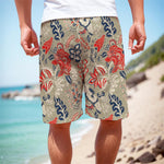 Beige Bohemian Floral Pattern Print Men's Cargo Shorts