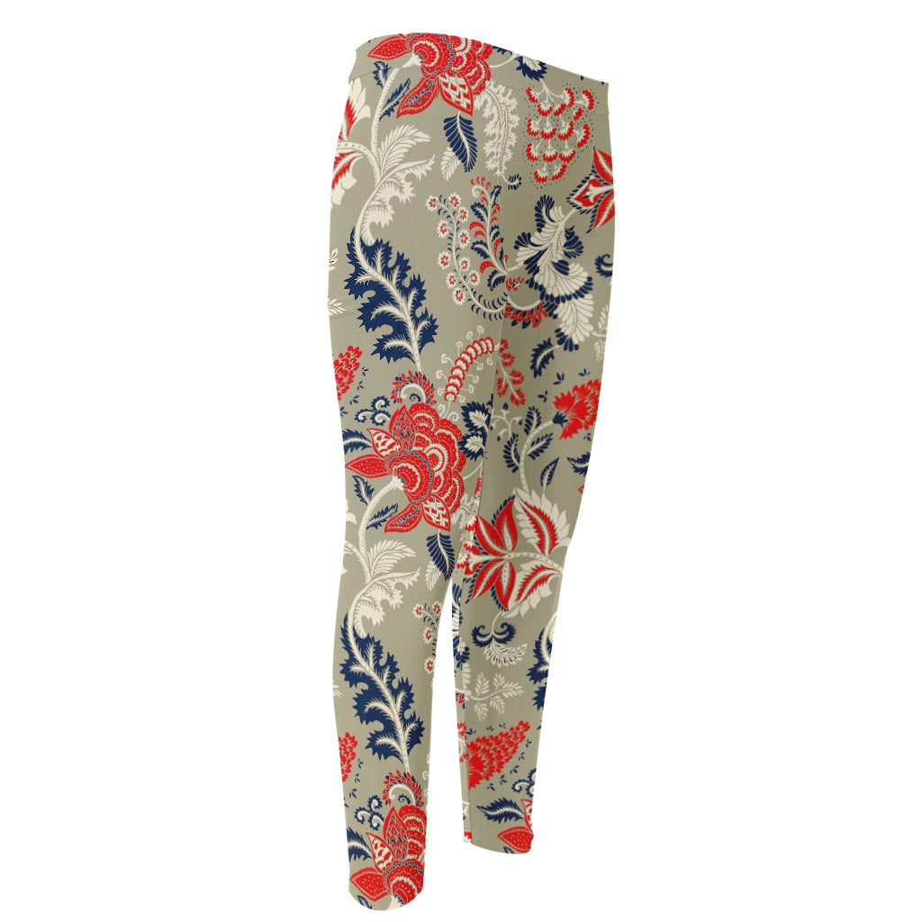 Beige Bohemian Floral Pattern Print Men's Compression Pants