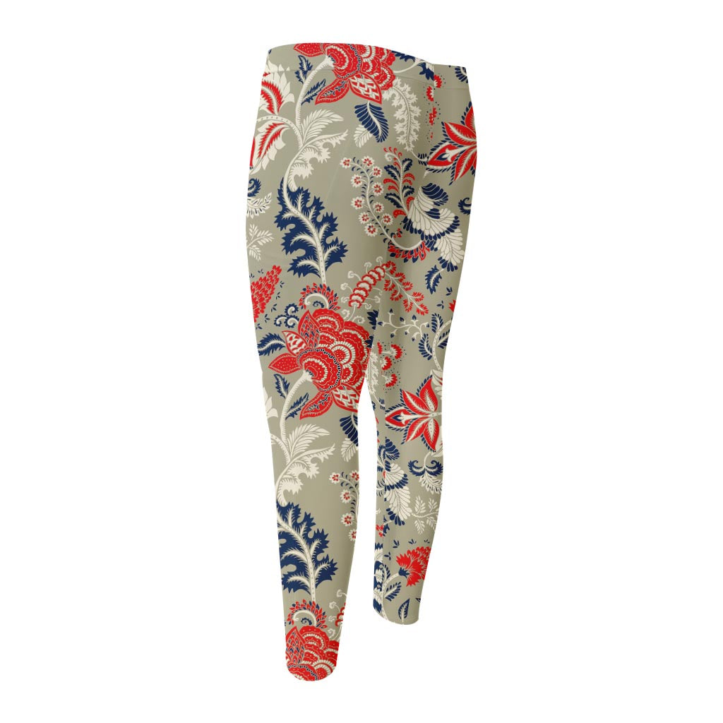 Beige Bohemian Floral Pattern Print Men's Compression Pants