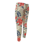 Beige Bohemian Floral Pattern Print Men's Compression Pants
