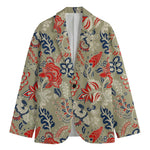 Beige Bohemian Floral Pattern Print Men's Cotton Blazer