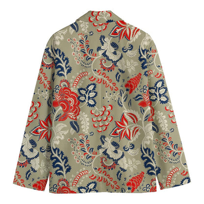 Beige Bohemian Floral Pattern Print Men's Cotton Blazer